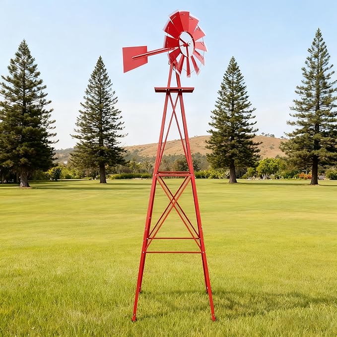 8FT Windmill for Yard Garden Decoration with Weather Vanes，Heavy Duty Outdoor Wind Mills, Large Metal Outdoor Windmill,Weather Resistant,Red