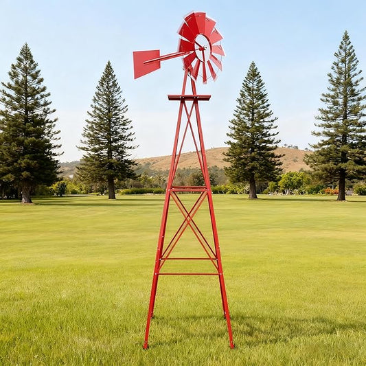 8FT Windmill for Yard Garden Decoration with Weather Vanes，Heavy Duty Outdoor Wind Mills, Large Metal Outdoor Windmill,Weather Resistant,Red