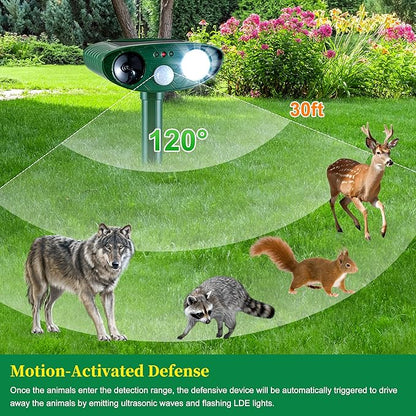 2 Pack Solar Animal Repeller for Raccoons, Deer & Squirrels - Ultrasonic & Strobe Light, Outdoor Deterrent for Cats, Dogs, Raccoons, Rabbits, Skunks, Foxes & More