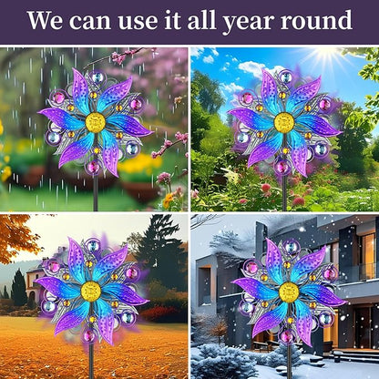 Metal Wind Spinner Outdoor, Purple Flowers Wind Sculpture Spinners with Metal Stake, Yard Art Decor for Patio, Lawn & Garden, Creative Gifts 57.5 * 13.3 Inch