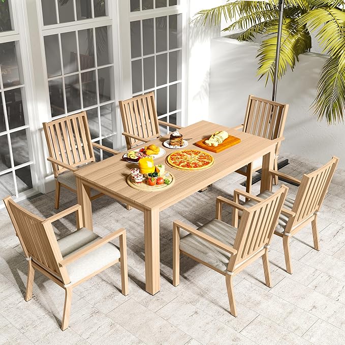 Patio Dining Chair Set of 2, Aluminum Outdoor Dining Chairs with Waterproof Cushions, Metal Outdoor Patio Furniture Seating for Porch, Balcony, Deck, Backyard, Light Wood Color