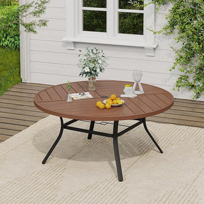 VICLLAX Outdoor Patio Round Dining Table, 54"x 54" Spliced Metal Tabletop for Deck Lawn Garden Backyard, Walnut
