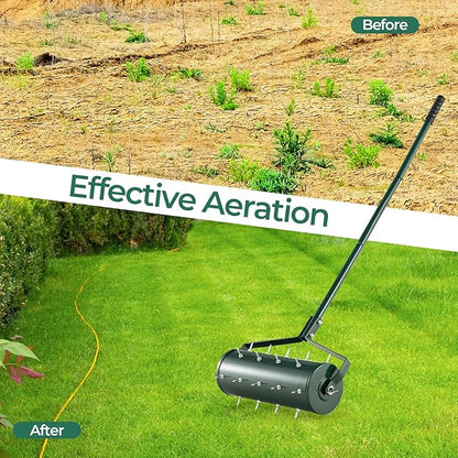 S AFSTAR 18" Manual Lawn Aerator, Heavy Duty Rolling Aerator Lawn Tool Filled Sand Stone with 51" Detachable Handle & Tine Spikes for Soil Loosening, Push Grass Aeration for Garden Yard