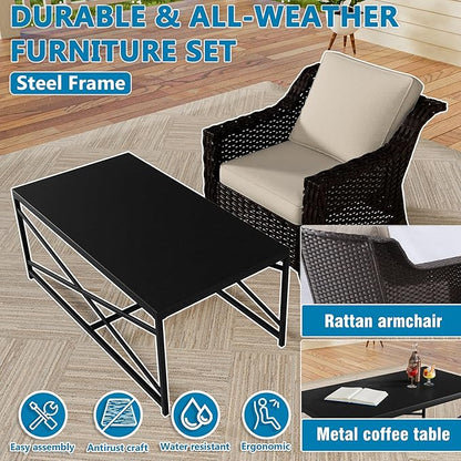 Vista Vibe 2 Pieces Outdoor Patio Conversation Furniture Set - 78" 3-seat Sofa | Metal Coffee Table, Deep Seat Loveseat, Removable Cushions, Hand-Woven PE Rattan Couch, Lawn (Brown/Beige)