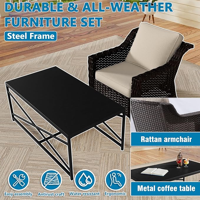 Vista Vibe 3 Pieces Outdoor Patio Conversation Furniture Set - 78" 3-seat Sofa | 2 Wicker Chairs, Deep Seat Loveseat, Removable Cushions, Hand-Woven PE Rattan Couch, Balcony (Brown/Beige)