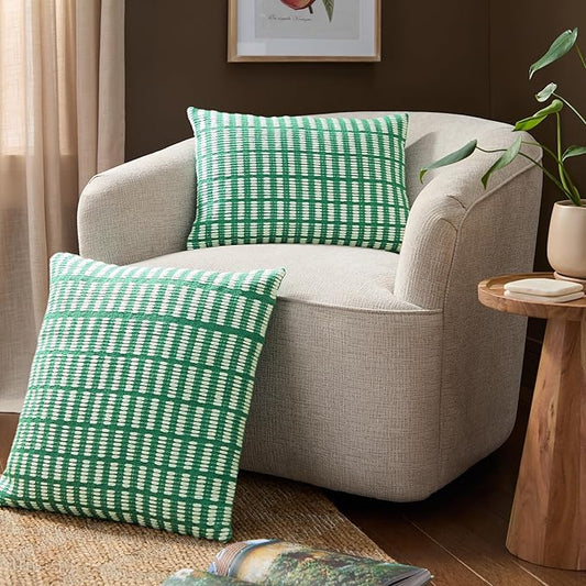 TOWN & COUNTRY TERRA Alara Textured Geo Stripe Handcrafted Indoor Outdoor Decorative Pillow, 100% Recycled Materials, UV Fade Resistant, Water Repellent, Green/Ivory, 14"x20"