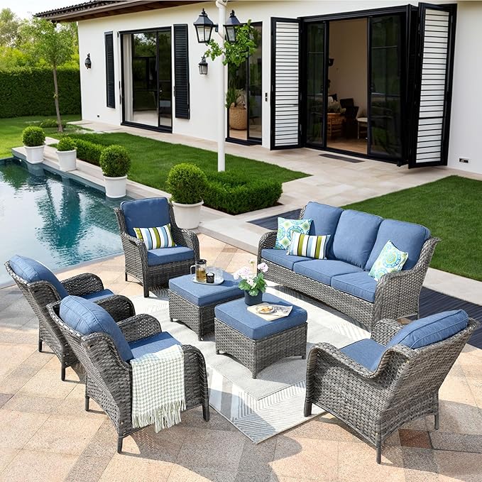 HOOOWOOO Patio Furniture Set,7 Piece Outdoor Furniture,Wicker Patio Conversation Couch Chairs Ottoman Set,Denim Blue
