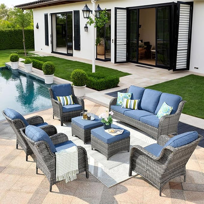 HOOOWOOO Patio Furniture Set,7 Piece Outdoor Furniture,Wicker Patio Conversation Couch Chairs Ottoman Set,Denim Blue