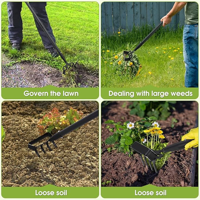 Weed Puller Gardening Tools, Hula Garden Hoe and 4 Tines Rake 2-in-1 Garden Tools for Weeding, Action Stirrup Hoe with Adjustable Long Handle for Lawn,Vegetable Garden Loose Soil,Weeding and Planting