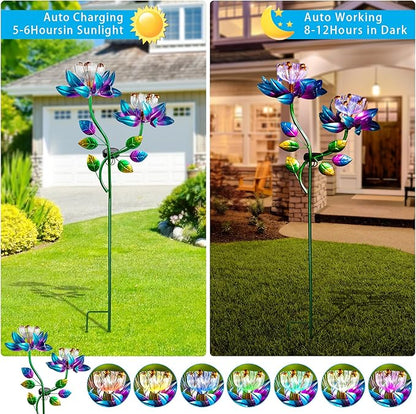 55'' Solar Powered Kinetic Wind Spinner Sculpture Blue Lotus Metal Stake Spinner for Patio, Lawn and Garden Decor Weather-Resistant Outdoor Art with Dual Lotus Design