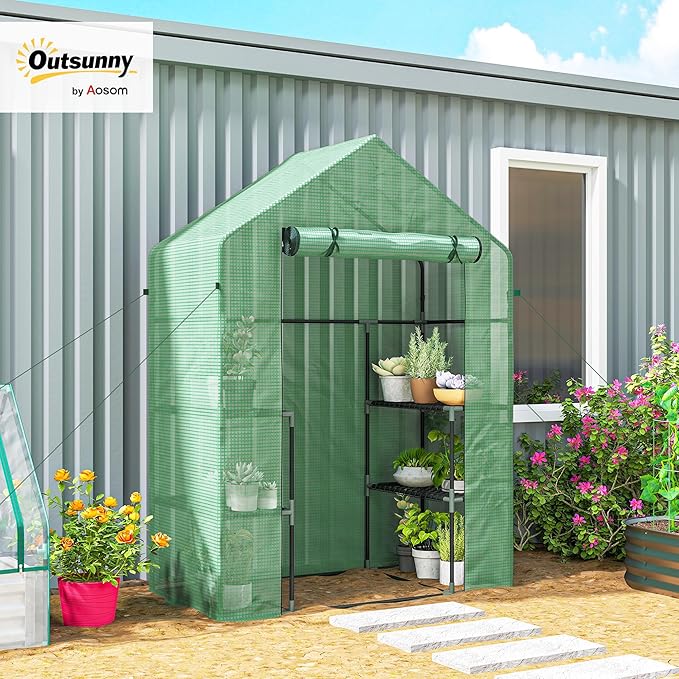 Outsunny 56" x 29" x 76" Portable Walk-In Garden Greenhouse with Built In 3-Tier Shelves