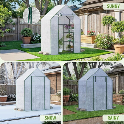 Portable Greenhouse for Outdoor, Small Greenhouses with Durable PE Cover, Walk in Greenhouse with Shelves Stands, White
