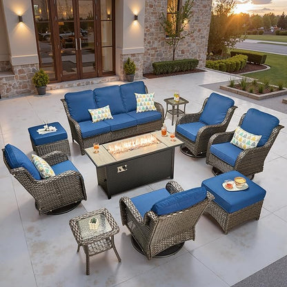 ovios 10 Pieces Patio Furniture Set, Outdoor Wicker Sofa Couch with Swivel Chairs 54" Fire Pit Table, High Back All Weather Modern Conversation Sets, Brown Rattan, Navy Blue