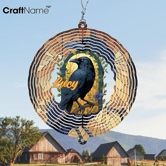 Personalized Raven Wind Spinner 3D Stainless Steel, Raven Garden Spinner Hanging Outdoor Decor, Wind Spinners Outdoor, Custom Gift for Grandmother, Mom, Wife