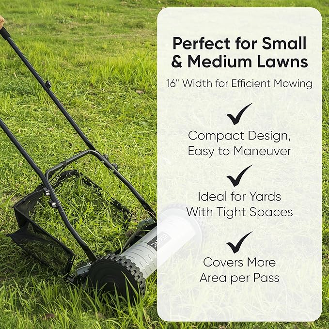 16" Push Reel Lawn Mower with Grass Catcher – Manual 5-Blade Hand Mower, Adjustable 3-Position Cutting Height (0.5"–1.75"), Lightweight & Eco-Friendly – 1-Year Warranty