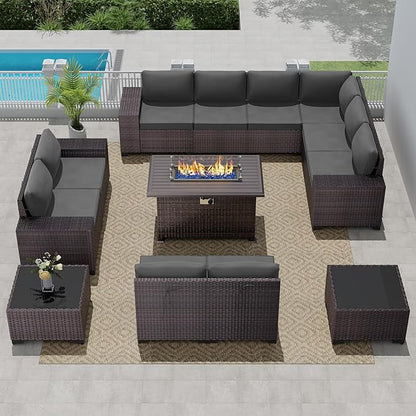 Outdoor Patio Furniture Set with Propane Fire Pit Table, 13 Pieces Outdoor Furniture Patio Sectional Sofa Conversation Sets w/ETL Approved 43" Gas Outdoor Fire Table & Coffee Table (Grey)