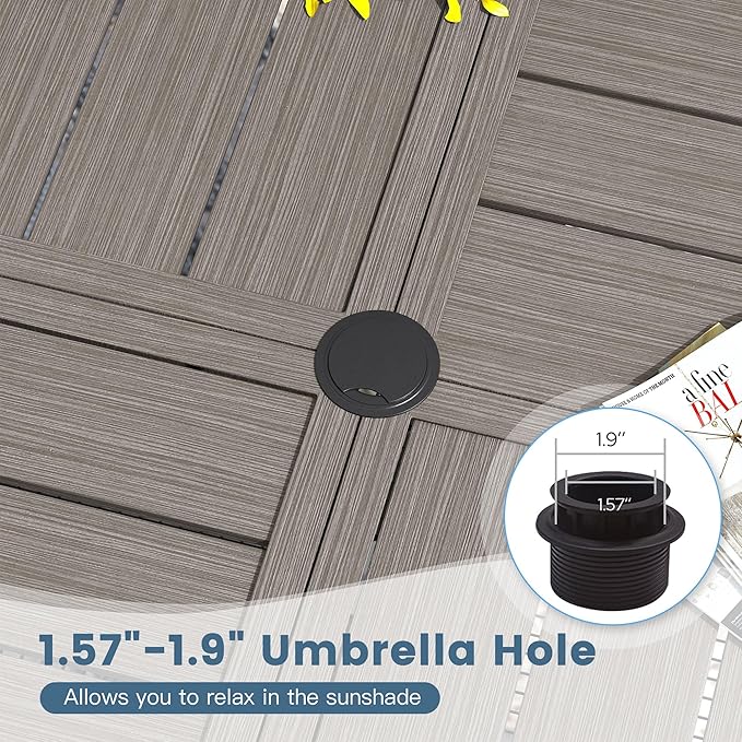 DIFY 47.2" Round Outdoor Patio Dining Table for 6, All-Weather Metal Steel Slatted Patio Table with 1.57" Adjustable Umbrella Hole, for Lawn Garden Porch Backyard, Grey Wood-Like