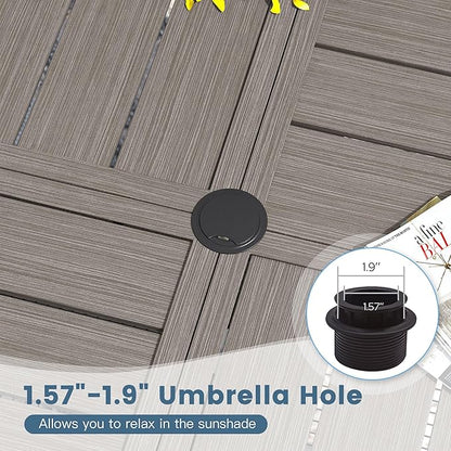 DIFY 59.8" Round Outdoor Patio Dining Table for 8-10, All-Weather Metal Steel Slatted Patio Table with 1.57" Adjustable Umbrella Hole, for Lawn Garden Porch Backyard, Grey Wood-Like