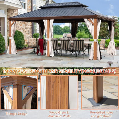 12' X 18' Double-Tier Hardtop Gazebo, Thermal Transfer Faux Wood Metal Gazebo with Galvanized Steel Roof Curtain and Netting, Permanent Gazebo Pavilion for Patio, Backyard, Deck, Lawn