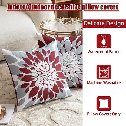 Qahing Pack of 4 Outdoor Waterproof Pillow Covers 16x16 Decorative Outdoor Throw Pillows Garden Square Cushion Cases for Patio Furniture, Couch, Tent Sunbrella, Bench, Burgundy Red Grey