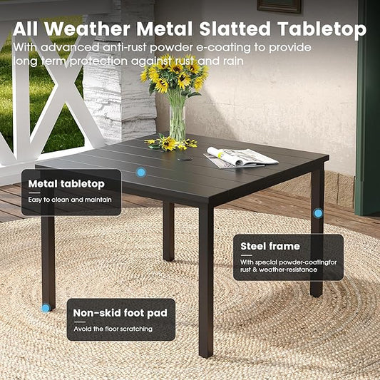DIFY 5 Pieces Outdoor Patio Dining Set for 4, 40.2" Black Metal Square Dining Table and 4 Blue Textilene Swivel Dining Chairs, Outdoor Table and Chairs