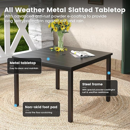 DIFY 5 Pieces Outdoor Patio Dining Set for 4, 40.2" Black Metal Square Dining Table and 4 Brown Textilene Swivel Dining Chairs, Outdoor Table and Chairs
