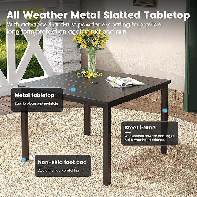 DIFY 5 Pieces Outdoor Patio Dining Set for 4, 40.2" Black Metal Square Dining Table and 4 Dark Grey Textilene Swivel Dining Chairs, Outdoor Table and Chairs