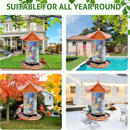 XDW-GIFTS Mosaic Solar Wild Bird Feeder, Waterproof Lantern Shape with S-Hook & 4 LED Lights, Garden Decor for Lawn, Patio, Balcony, Yard Ornament - Unique Gifts for Mom, Women, Grandma, Bird Lovers