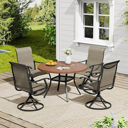 VICLLAX 5 Pieces Outdoor Dining Set, Patio Furniture Set of 4 Patio Swivel Dining Chairs and 41" Patio Round Table with Storage Shelf, Mixed Brown Chairs & Walnut Tabletop