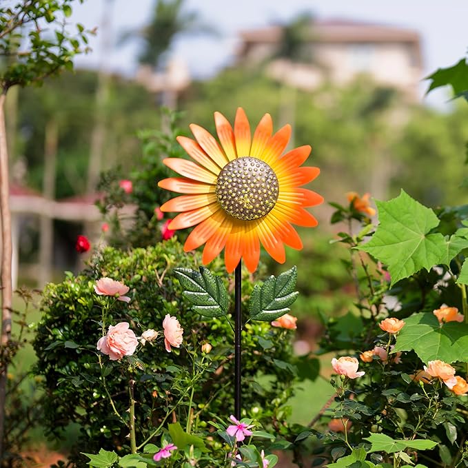Sunflower Wind Spinner,Garden Windmills and Spinners for Yard,Metal Flowers for Outside,Metal Kinetic Wind Sculptures, 12.8 * 57 Inches