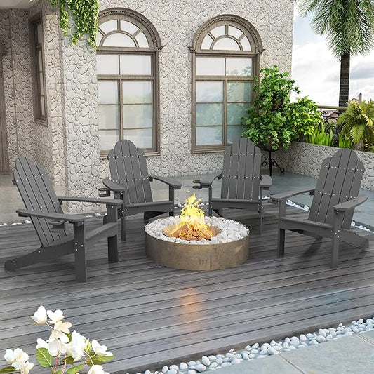LUE BONA HDPS Adirondack Chairs Set of 8, Fire Pit Outdoor Chair Weather Resistant with Cup Holder, Modern Plastic Chair Plastic for Patio, Deck, Proch, 350LBS, Dark Gray