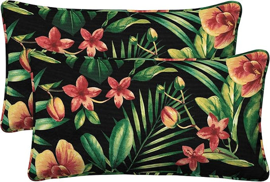 Honeycomb Outdoor Lumbar Pillow 2-Pack, 22 x 12, Cabana Stripe Green & Cream Throw Pillows for Patio Furniture
