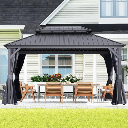 Domi 10’ X 14’ Hardtop Gazebo Canopy with Netting & Curtains, Outdoor Metal Gazebo with Galvanized Steel Double Roof for Patio Lawn and Garden, Gray