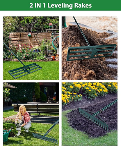 Lawn Leveling Rake, 2 Pack Heavy Duty Lawn Leveler with 30"x10" Ground Plate n 17'' Bow Head,78” Adjustable Long Handle,Level Yard Tool for Grass,Golf Field,Level Soil or Dirt Ground Surfaces-Green