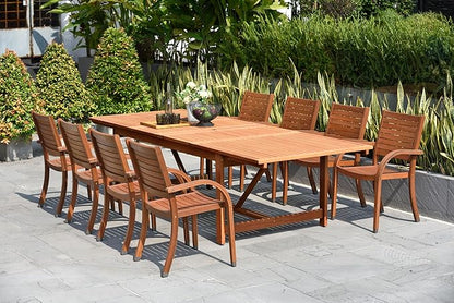 Amazonia Arizona 9-Piece Patio Rectangular Extendable Dining Table Set | Eucalyptus Wood | Ideal for Outdoors and Indoors