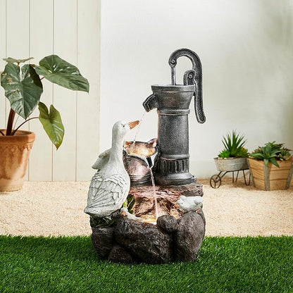 Glitzhome 24" Farmhouse Duck Outdoor Fountain with LED & Pump – 2-Tier Cascading Water Fountain for Outside Garden Decor - Rustic Waterfall for Backyard, Garden, or Patio Decor