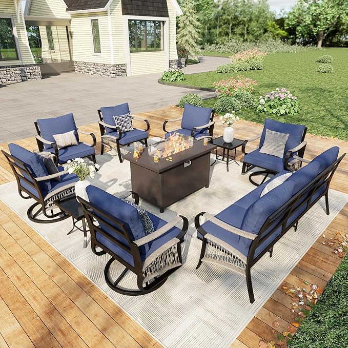 10 Pieces Modern Patio Furniture Set, All Weather Metal Outdoor Conversation Sets with Fire Pit Table for Backyard Garden Deck Porch Poolside, Blue