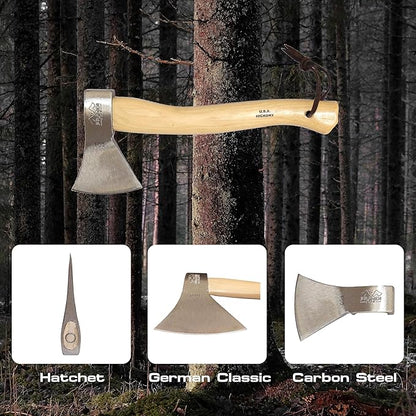 Prandi Axes German Style C45 Forged Carbon Steel Hatchet - Hickory Handle with Leather String - Lightweight Axe for Camping, Chopping, and Cutting - S/N 3.003.06.CH - 14.17" L x 5.90" W, No Sheath
