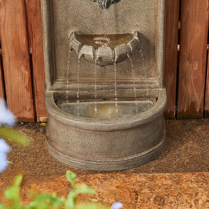 Glitzhome Tiered Wall Mounted Outdoor Water Fountain With LED Light - Vintage European Style 3-Tier Oversized Lion Head Waterfall - Faux Granite for Garden, Patio, Deck, Porch, 31.75"H