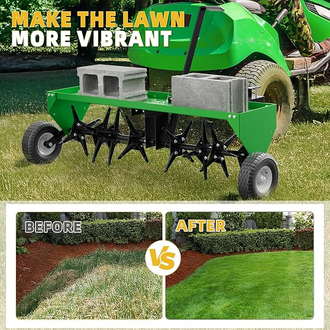 48" Lawn Aerator Tow Behind, Pull Behind Aerator with Universal Hitch, 32 Galvanized Steel Tines, Tray and Pneumatic Tires, Plug Behind Aerator is Suitable for Gardens, Lawns and Farms