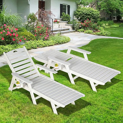 nalone HDPE Chaise Lounge Chair Outdoor with Wheels & Cup Holder, Pool Lounge Chairs with 5-Position Adjustable Backrest, Supports Up to 400 LBS for Patio Poolside Deck Beach Backyard (White)