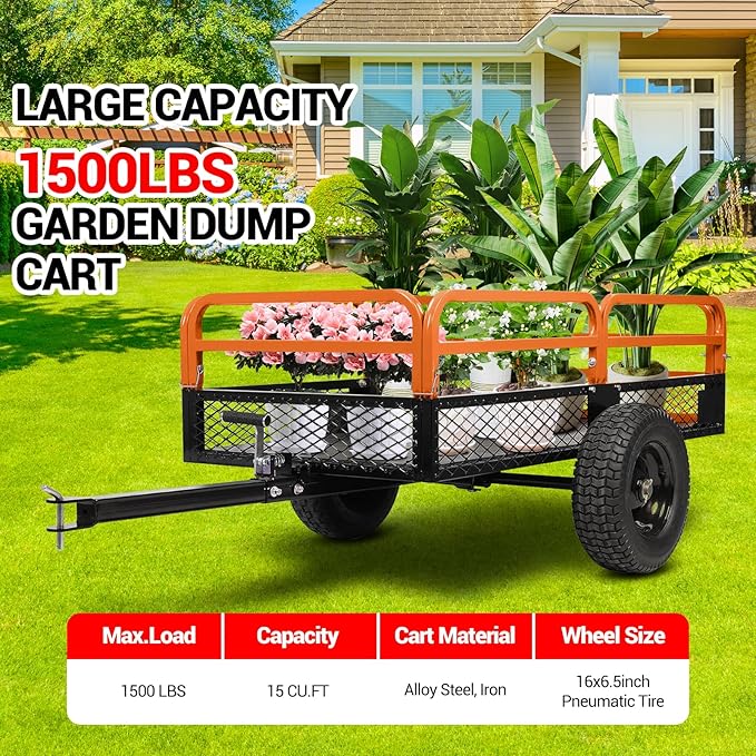 Heavy Duty ATV UTV Trailer Dump Cart 1600 Lbs Capacity 15 Cu Ft Tow Behind Steel Utility Trailer with Removable Sides and All-Terrain Tires for Garden Yard Farm Work Durable and Reliable