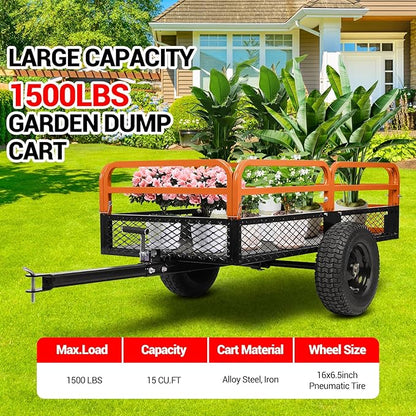 Heavy Duty ATV UTV Trailer Dump Cart 1600 Lbs Capacity 15 Cu Ft Tow Behind Steel Utility Trailer with Removable Sides and All-Terrain Tires for Garden Yard Farm Work Durable and Reliable