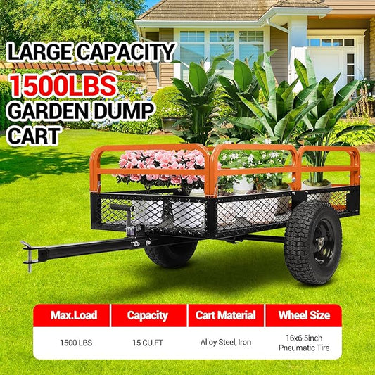 Heavy Duty Tow Behind Dump Cart - 1500 Lb Capacity 15 Cu.Ft Steel Utility Trailer, Removable Sides, Foot-Operated Dump for ATVs, UTVs, Lawn Mowers, Garden Yard