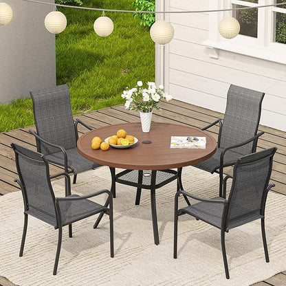 VICLLAX Outdoor Patio Round Dining Table, 41"x 41" Metal Slatted Round Tabletop with Adjustable Umbrella Hole for Deck Lawn Garden Backyard, Walnut