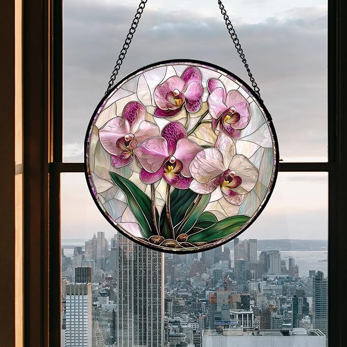 Stained Glass Window Hanging - Pink Purple Phalaenopsis Flowers Sun Catcher for Door Home Decor Plant Suncatcher Christmas Mother's Day Birthday Gifts for Women Men Mom Nana 15 in