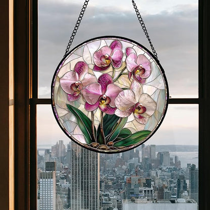 Stained Glass Window Hanging - Pink Purple Phalaenopsis Flowers Sun Catcher for Door Home Decor Plant Suncatcher Christmas Mother's Day Birthday Gifts for Women Men Mom Nana 15 in