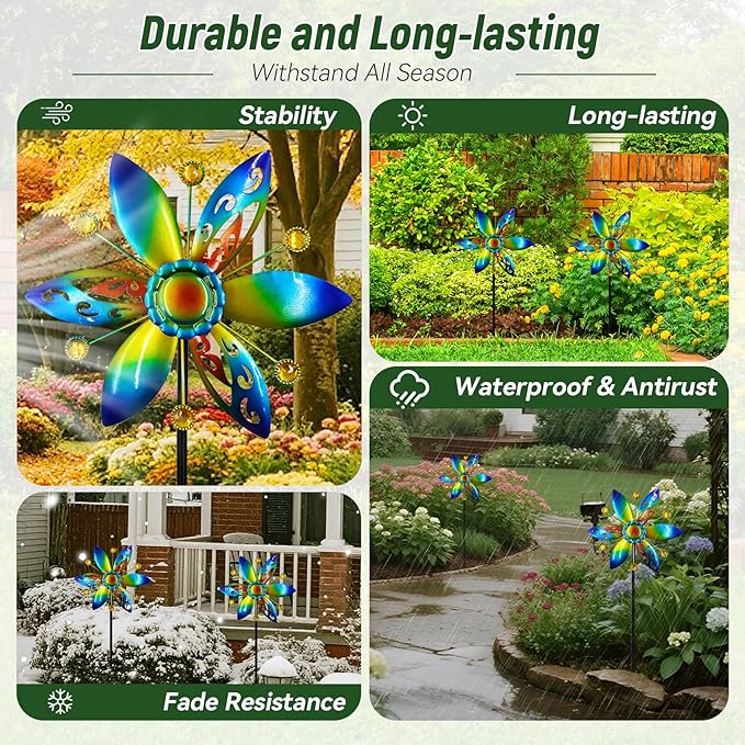 Small Wind Spinner for Outdoor, Kinetic Wind Spinner & Sculpture with Butterfly Cutout Blades & Yellow Acrylic Beads, Decorative Windmill Metal Yard Art for Patio, Lawn & Flower Bed