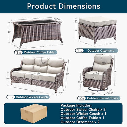 Luxury High Back Outdoor Furniture with 6-Inch Thick Cushions, Patio Furniture Set with Swivel Chairs, 6 PCS Wicker Conversation Set for Porch, Balcony, Deck and Yard