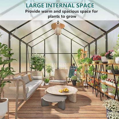 Greenhouse for Outdoors 8x12x7.8FT, Polycarbonate Greenhouse with Stronger Wind Protection and Roof Vent, Walk-in Large Aluminum Sunroom Winter Proof, Black